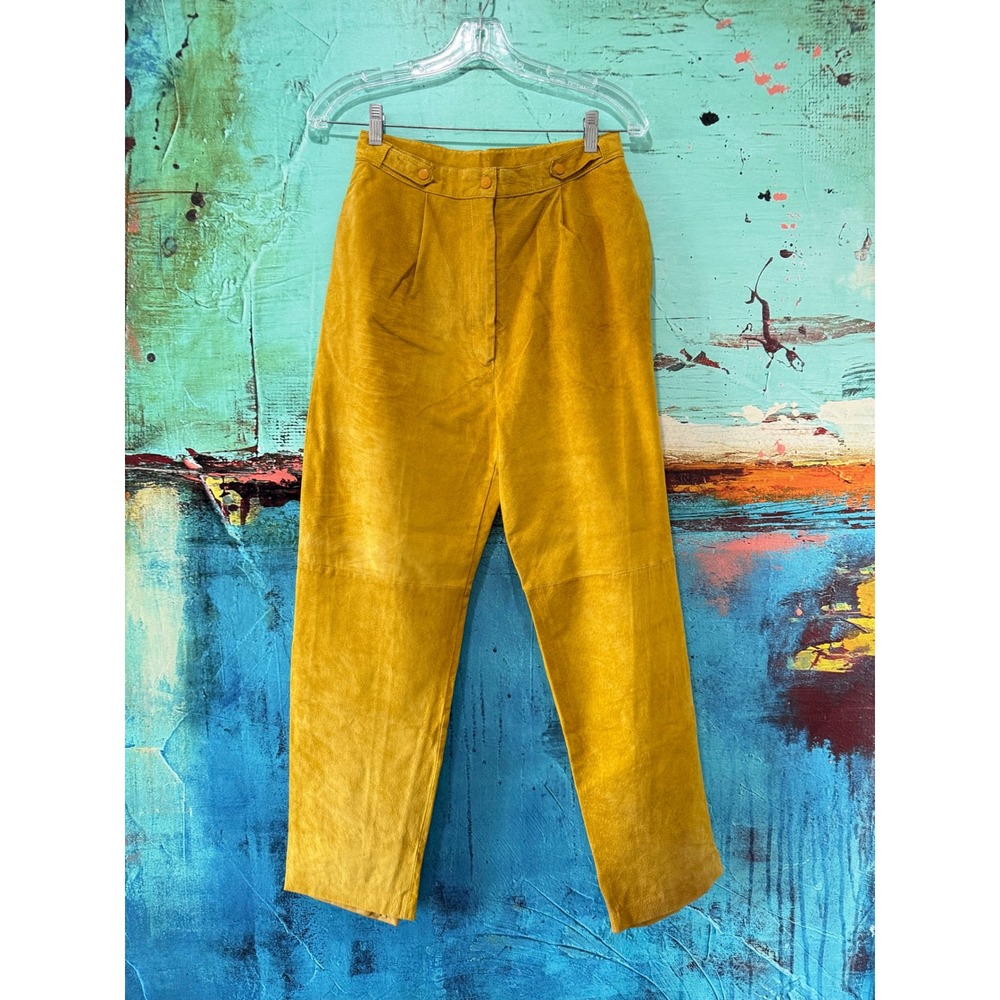 Vintage Mustard Yellow Suede Leather High Waisted Pleated Tapered Pants Sz 11/12